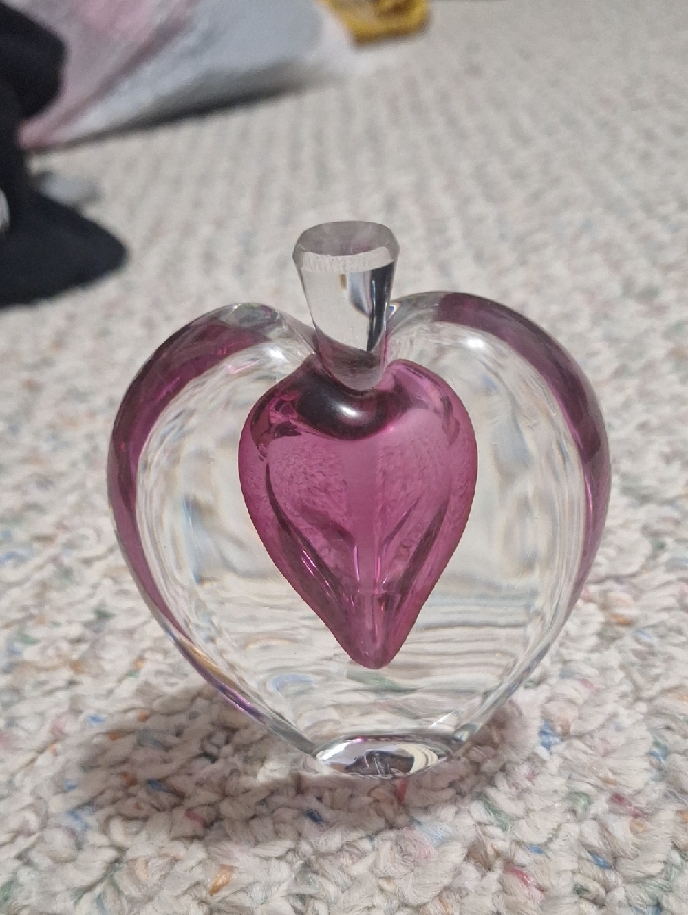 Vintage Glass Perfume Hand-Blown Clear Glass Heart with Pink Inner Heart Accent